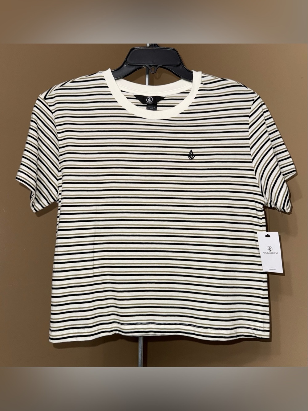 NWT VOLCOM Black & White Striped Crew T-Shirt. Size XS.